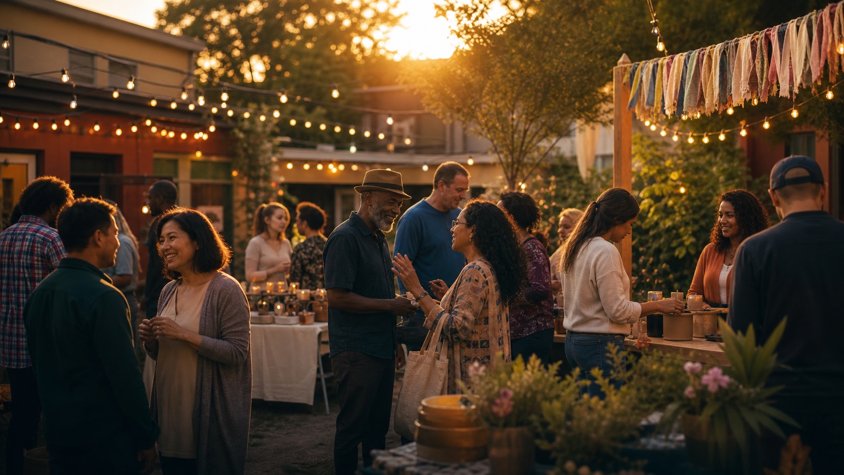 Neighbors gathering at a warm community event.