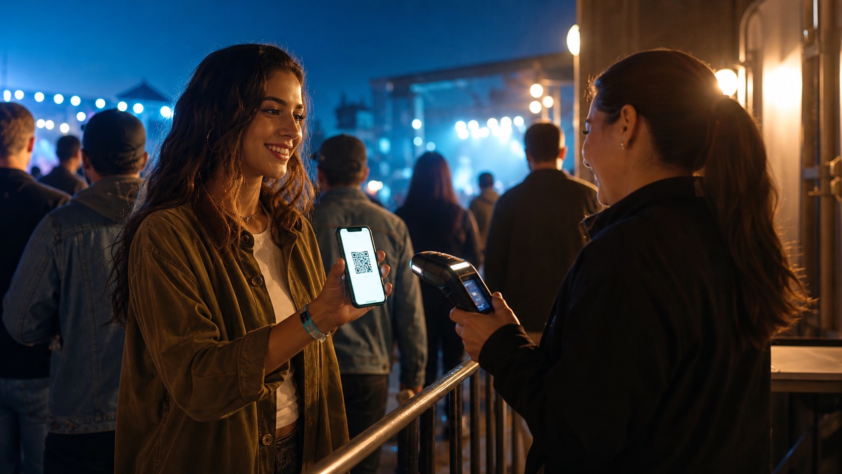 Attendee showing a phone ticket at an event entrance.